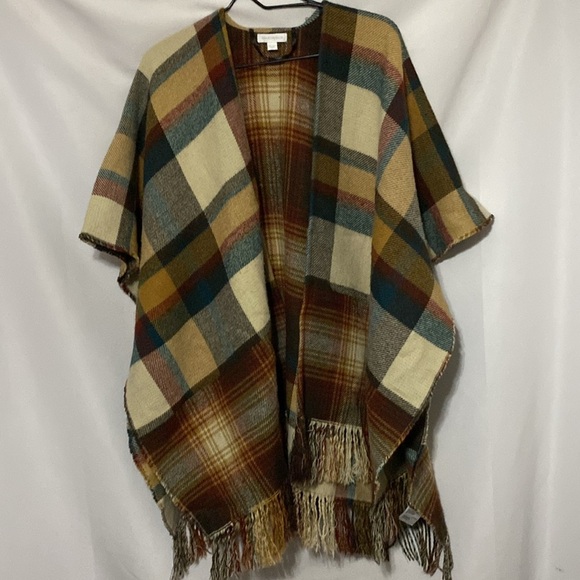 Charter Club One size Multicolor Plaid Fringe Wrap BUTTON AT SIDES FALL COLORS - Picture 7 of 11